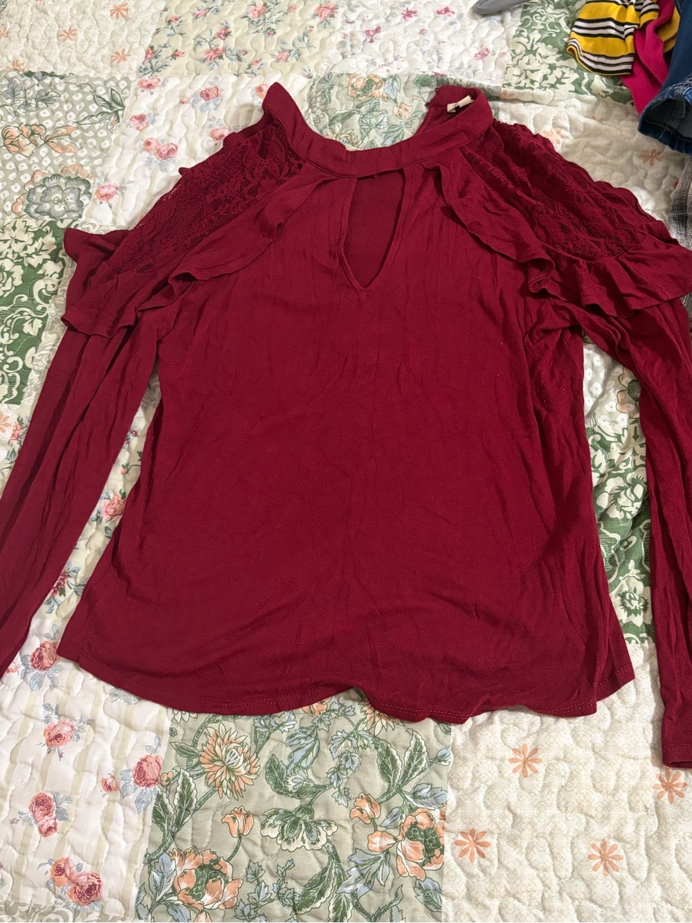 Womens Burgundy Cold-Shoulder Ruffle Long-Sleeve Top